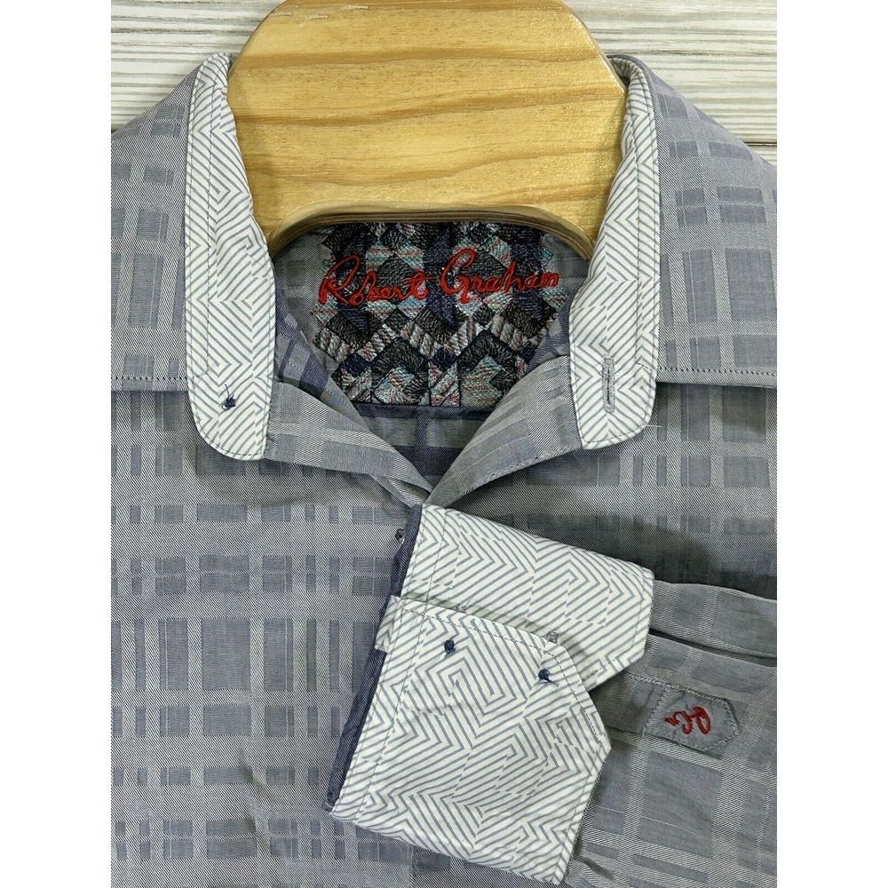 Robert Graham Med Gray Plaid White Chevron Flip‎ Cuff Dress Up Long Sleeve Shirt